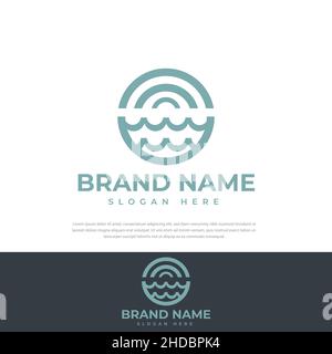 Kreisförmig angestellter Schriftzug „Ocean Wave“ und „Vintage Sun“. Flacher Vektor Logo Design Template Elements.Symbol, Icon Design Stock Vektor