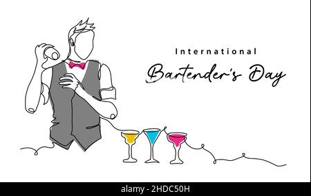 Barkeeper Day – einfache Vektorgrafik. Barkeeper oder Barista arbeiten mit minimalem Hintergrund, Banner, Poster. Eine kontinuierliche Linie Kunst Zeichnung für internationale Stock Vektor