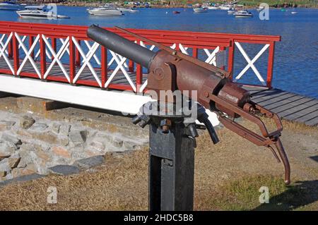 Alte Walfangharpune vor einem Steg, Disko Island, Qeqertarsuaq, Arktis, Grönland, Dänemark, Nordamerika Stockfoto