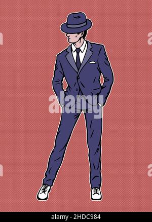 Tanz eines jungen Mannes in einem Retro-Anzug mit Krawatte und Hut. Jazz oder Swing. Silhouette Skizze. Vektor Farbe Kunst Illustration von Hand gezeichnet. Pop-Art-Style Stock Vektor