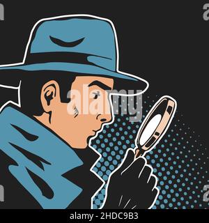 Detektiv mit einer Lupe in der Hand. Auf dem Kopf ist ein Hut. Untersuchung und Suche nach Beweisen. Vektor Skizze Illustration Pop Art. B Stock Vektor
