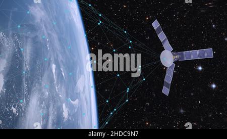 Satellitenkommunikationsnetz, das den ganzen Globus abdeckt. 3D Rendern. Elemente dieses Bildes, die von der NASA eingerichtet wurden. Stockfoto