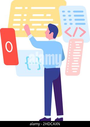 Mann, der mit Code arbeitet. Programmiersoftware-Prozess Stock Vektor