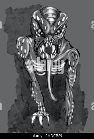 Handgezeichnete gruselige Kryptiden-Chupacabra-Illustration Stockfoto