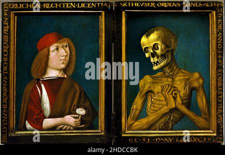 Porträt von Hieronymus Tscheckenburlin und Tod -'Hieronymus Tscheckenbürlin und die Personifizierung des Todes', 1487, Unbekannter Meister,Deutsch, Deutschland, Stockfoto