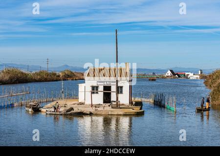 El Perello, Spanien. 4. Januar 2022. Isoliertes kleines weißes Haus im Naturpark Gola de El Perello Albufera Stockfoto