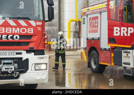 Feuerwehrmann, der während eines Trainings nachdenklich zwischen Lastwagen läuft. Stockfoto