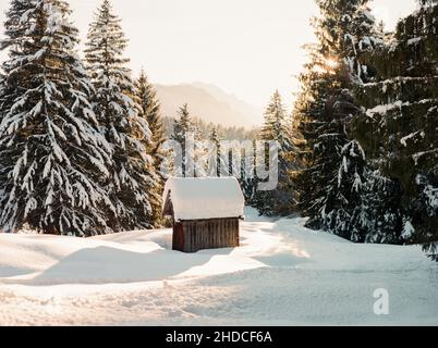 Schneebedeckte rustikale Hütte in den Wäldern eines Winterwunderlandes Stockfoto