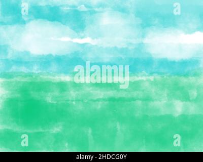 Abstraktes Aquarellgemälde mit blauem Himmel und grüner Graswiese als Hintergrund nützlich Stockfoto