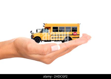 Hand mit Modellauto, Frauenhand, Schulbus, Schulbus, Stockfoto