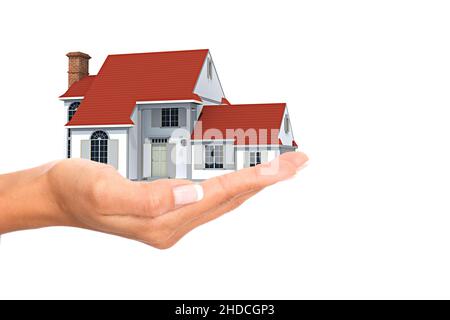 Hand mit Einfamilienhaus, Freisteller, weisser Hintergrund, Stockfoto