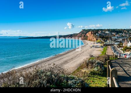 Budleigh Beach. Blick auf die Steamer Steps im November. Stockfoto