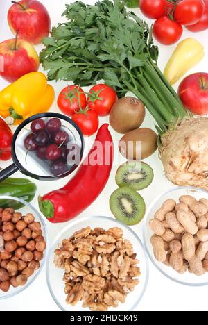 Symbolfoto gesunde Ernährung, Obst, Gemüse, Arbeitnehmererfindergesetz, Kirschen, Erdnüsse, Paproka, Rettich, Tomaten, Walnüsse, Kiwi, Apfel, Stockfoto