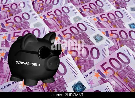 Schwarzes Sparschwein, Sparen, Vorsorge, Aufdruck: Schwarzgeld, Steuerhinterziehung, Stockfoto