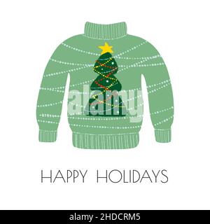 Illustration von hässlichen Pullover mit Weihnachtsbaum isoliert auf weißem Hintergrund mit dem Text Happy holidays Stockfoto
