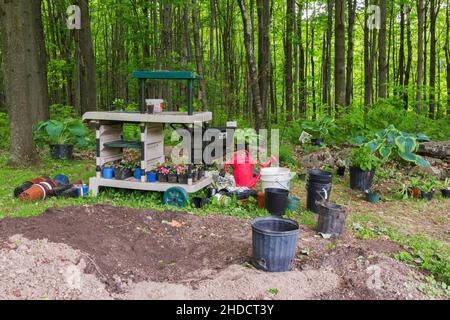 Kunststoff-Pflanzenwagen mit jährlichen und mehrjährigen Pflanzen in Containern, plus leere Behälter und Haufen Erde im Garten im Garten im Frühjahr. Stockfoto