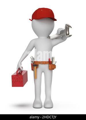 Zeichentrickfigur als Handwerker mit Werkzeugkasten, Gürtel und Schraubenschlüssel, isoliert auf weißem Hintergrund, 3D Rendering Stockfoto