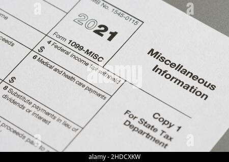 Nahaufnahme von Form 1099-VERSCHIEDENES, Verschiedenes Einkommen. Stockfoto
