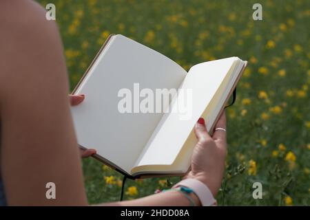 Hände eines Mädchens, das einen weißen Notizblock auf dem Feld ergreifend Stockfoto