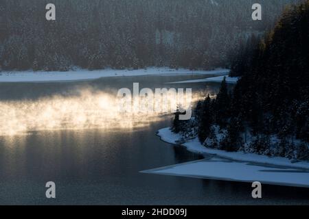 Wasserdampf im Abendlicht des Sonnenuntergangs auf dem eiskalten Plansee im Winter mit einem bewaldeten Ufer Stockfoto