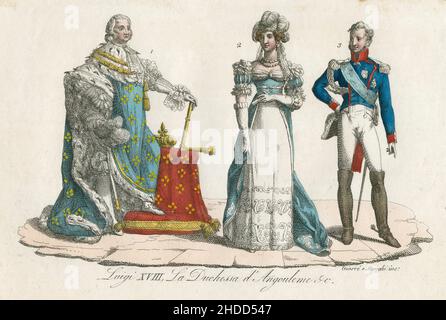 Antike c1830 handgetönte Gravur, französische Königsmode aus dem 19th. Jahrhundert mit Ludwig XVIII. (1755-1824) und Marie-Thérèse, Herzogin von Angoulême (1778-1851). Herausgegeben von Giulio Ferrario. QUELLE: ORIGINALGRAVUR Stockfoto