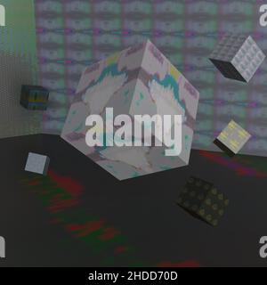 Eine grafische Illustration des Glitch Art Cube Background für Tapeten im Jahr 3D Stockfoto