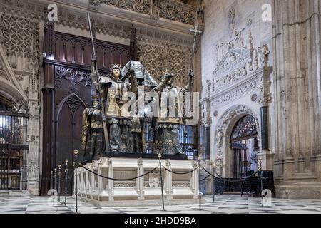 Christoph Kolumbus Grab in der Kathedrale von Sevilla. Andalusien, Spanien Stockfoto