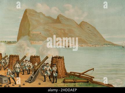 Geschichte Spaniens. 18th Jahrhundert. Abbildung einer der Ansiege von Gibraltar. Spanische Truppen versuchen, das von der anglo-holländischen Koalition 1704 eingenommene Gebiet zurückzugewinnen. Erfolglose Belagerung von Gibraltar. Chromolithographie. 'Historia General de España' (Allgemeine Geschichte Spaniens), von Miguel Morayta. Band V. Madrid, 1891. Stockfoto