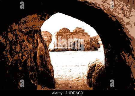 Illustration verlassene Landschaft des Planeten Tatooine für die Dreharbeiten zu Star Wars in der Sahara Stockfoto