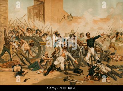 Halbinselkrieg (1818-1814). Madrid, 2. Mai-Aufstand, 1808 gegen französische Truppen. Verteidigung des Parks Monteleón. Die Artilleriebhaber Luis Daoiz und Pedro Velarde griffen gegen die Franzosen an. Illustration nach dem Gemälde von Sorolla. 'Historia General de España' (Allgemeine Geschichte Spaniens), von Miguel Morayta. Volumen IV Madrid, 1892. Stockfoto