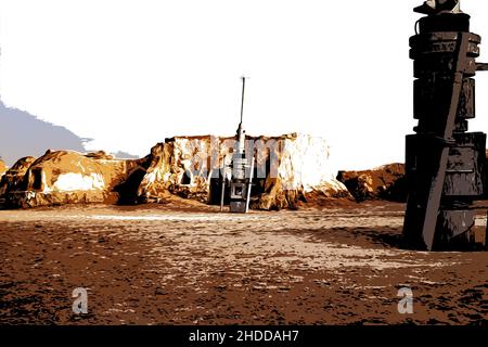 Abbildung. Verlassene Landschaft des Planeten Tatooine für die Dreharbeiten zu Star Wars in der Sahara Stockfoto