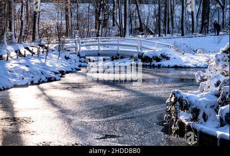 Eine schneebedeckte Holzbrücke über einen gefrorenen Teich Stockfoto
