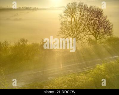 Patrington Mist - Blick auf das Dorf Patrington, Großbritannien an einem nebligen Morgen Stockfoto