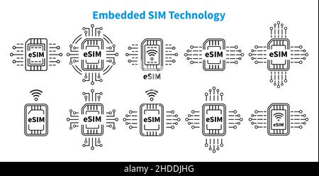 ESIM Embedded SIM Chipkarte mobile Mobilfunk, Internet-Technologie Linie Symbol gesetzt. Microchip, elektronischer Prozessor für Smartphone. Vektor Stock Vektor