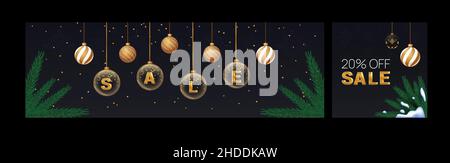 Neujahr-Paket. Weihnachts-Werbebanner für Werbung. Social-Media-Postvorlage mit Tannenzweigen und Glaskugeln. Festliches Banner für das Internet Stock Vektor