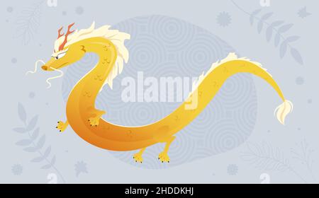 Asiatische goldene Drachen Illustration für Postkarte. Fliegender kineesischer Drache auf Musterhintergrund Stock Vektor