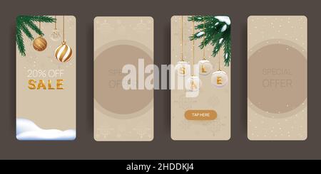 Vertikale weihnachtsbanner mit Tannenzweigen und Weihnachtsbaumkugeln. Layout der Flyer für das neue Jahr. Stock Vektor