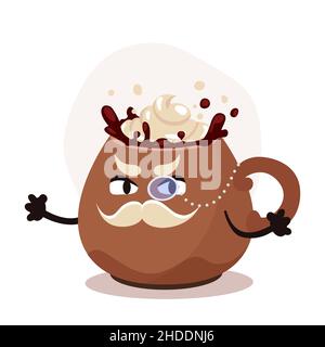 Vector große braune Tasse mit weihnachtsgetränk. Schokolade mit Schlagsahne. Cartoon-Figur mit einem Mstache und Monocle. Alter Herr. Stock Vektor