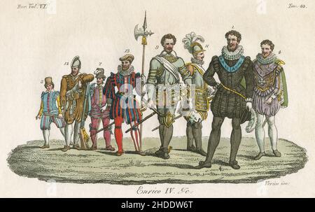 Antike c1830 handgetönte Gravur, französische Königsmode aus dem 16th. Jahrhundert mit Heinrich IV. Von Frankreich (1553-1610). Herausgegeben von Giulio Ferrario. QUELLE: ORIGINALGRAVUR Stockfoto