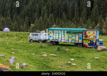 KARAKOL, KIRGISISTAN - 16. JULI 2018: Bienenstöcke im Karakol-Flusstal in Kirgisistan Stockfoto