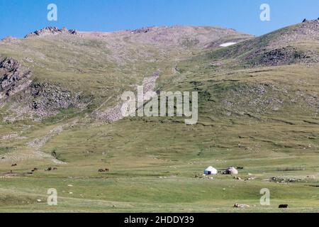 Jurtenlager in der Nähe des Song-Kul-Sees, Kirgisistan Stockfoto