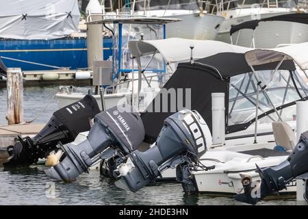 Außenbordmotoren von Yamaha und Suzuki für Boote, die in einer Marina in Sydney, NSW, Australien, festgemacht sind Stockfoto