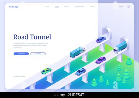 Straßentunnelbanner mit Autoverkehr auf der Autobahn und Tunneleingang in der Wand. Vektor-Landing-Page mit isometrischer Darstellung von Überführung, Brücke mit Autobahn, Fahrzeugen, Lastwagen und unterirdischem Korridor Stock Vektor