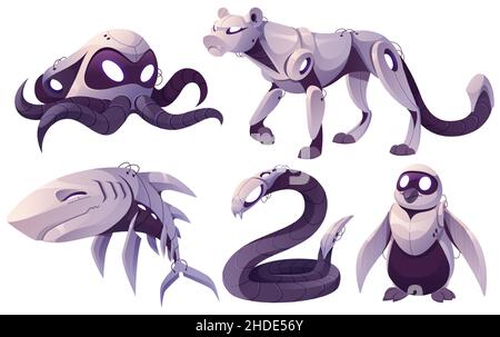 Roboter Tiere Oktopus, Hai, Leopard, Schlange und Pinguin. Haustiere Cyborgs, künstliche Intelligenz mechanische elektronische Persönlichkeiten, Cartoon-Robotik-Charaktere isoliert auf weißem Hintergrund Vektor-Set Stock Vektor