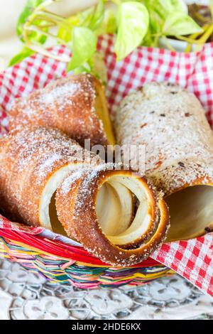 Ungarische traditionelle süße Lebensmittel Kurtoskalacs, auch genannt Schornsteinkuchen im Korb - Makro-Schuss Stockfoto