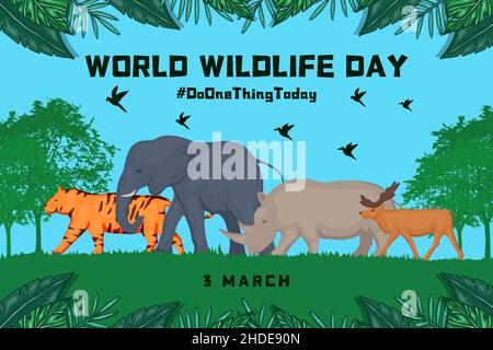 World Wildlife Tag Hintergrund flaches Design mit verzierten Text und Silhouette Vögel mit Tieren Illustration Vektor Stock Vektor