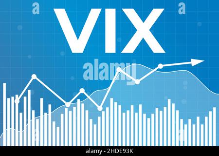 Word VIX (Volatility Index) auf blauem Finanzhintergrund mit Grafiken, Diagrammen, Spalten und Pfeil. Finanzmarktkonzept Stock Vektor