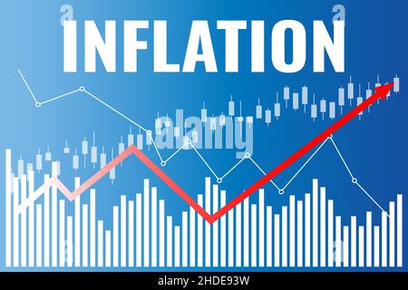 Inflationsdiagramm auf blauem Finanzhintergrund aus Linie, Charts, Spalten, rotem Pfeil, Kerzenleuchtern. Finanzmarktkonzept Stock Vektor