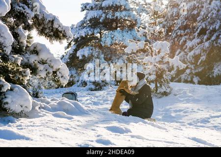 Das Mädchen sitzt auf den Knien in einer Schneeverwehung und der Hund steht auf seinen beiden Hinterbeinen. Das Mädchen umarmt ihr Haustier. Junge Frau mit amerikanischem Cocker Spaniel im Stockfoto