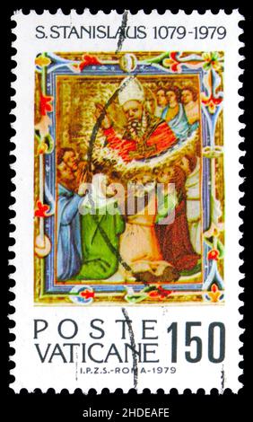 MOSKAU, RUSSLAND - 4. NOVEMBER 2021: Die im Vatikan gedruckte Briefmarke zeigt Stenislaus, Heilige, Serie, um 1979 Stockfoto